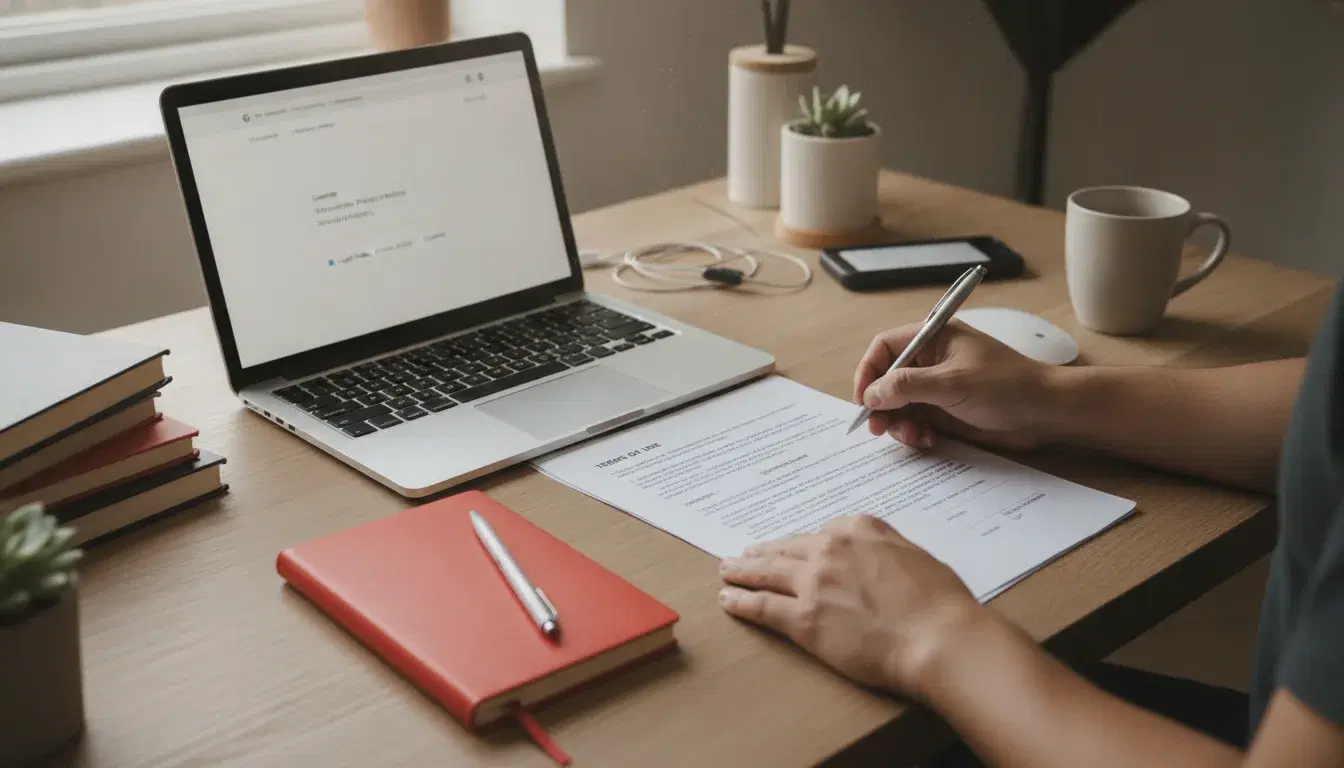Dirigeant de TPE relisant les mentions légales et les CGV de son site web sur un document papier à côté d'un ordinateur portable
