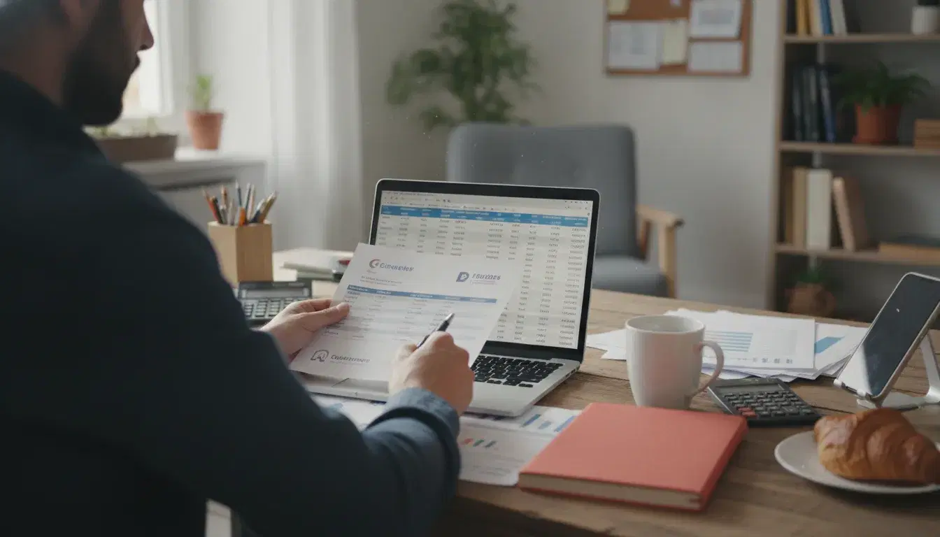 Entrepreneur comparant des devis de domiciliation d'entreprise et un tableau de prix sur son ordinateur portable, dans un bureau à domicile