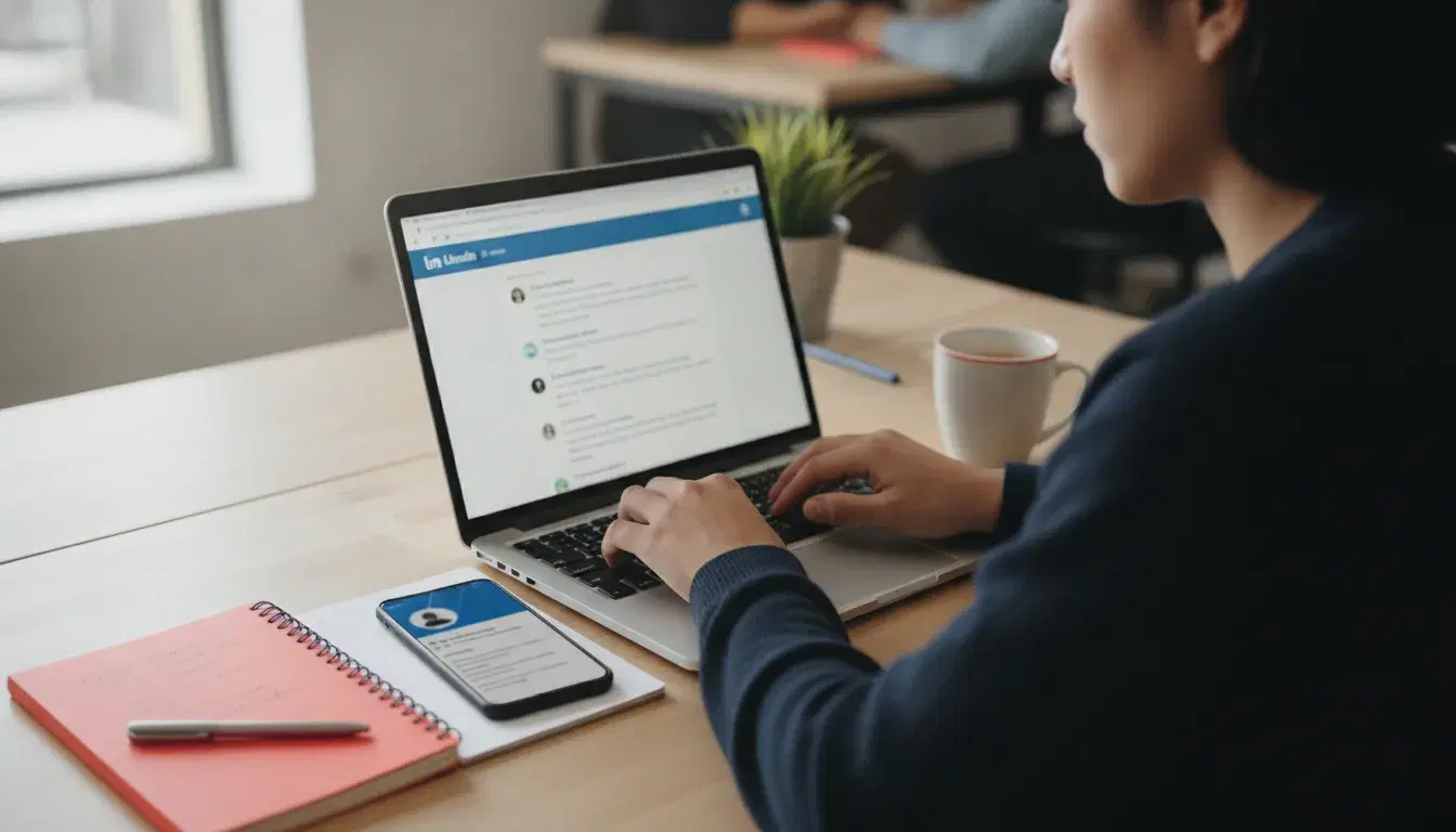 Mains d'un entrepreneur rédigeant un message de prospection personnalisé sur LinkedIn depuis un ordinateur portable, avec un carnet rouge corail et un téléphone posé sur le bureau