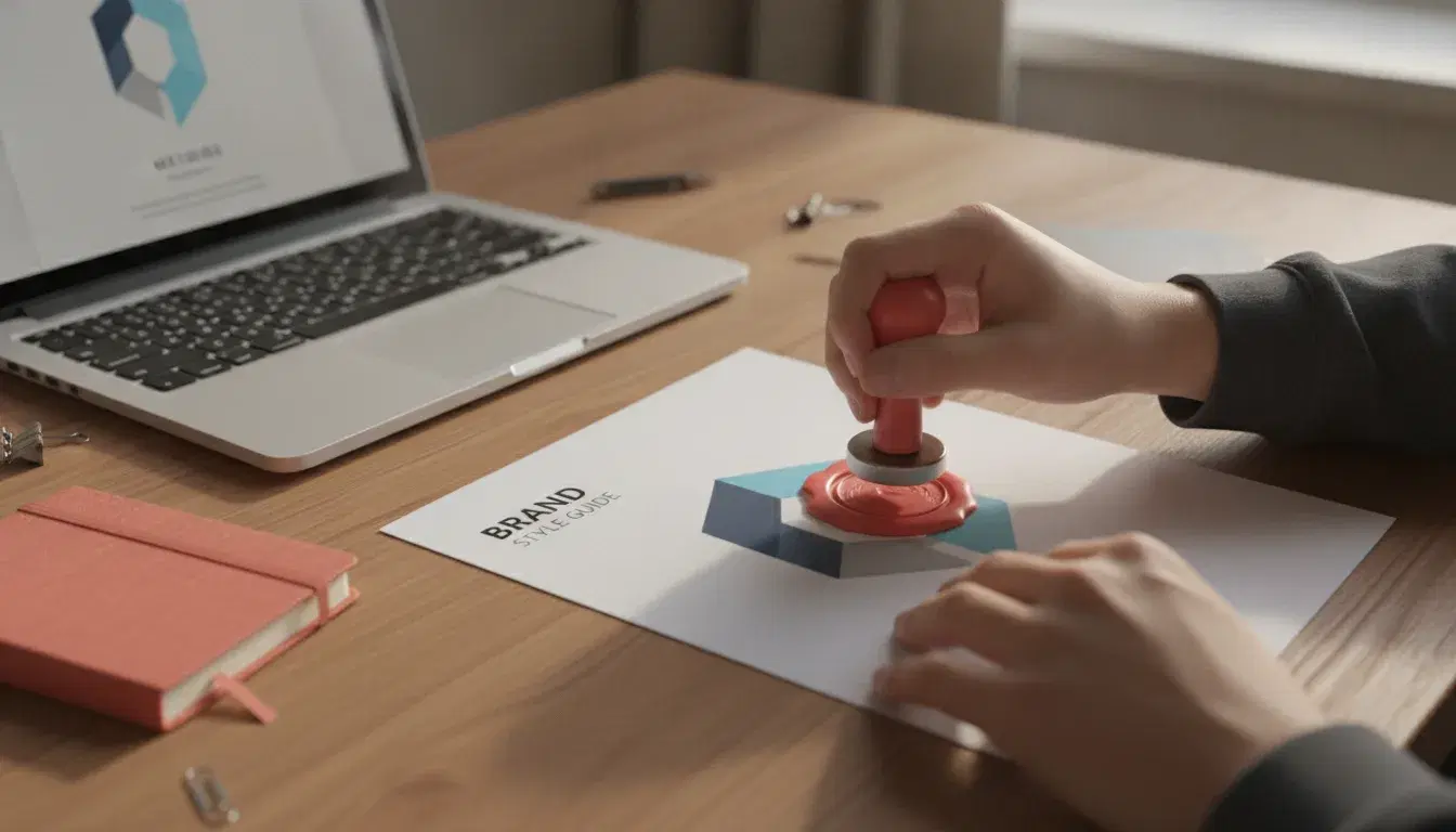 Dépôt d'un cachet de cire rouge sur un guide de charte graphique posé sur un bureau en bois, à côté d'un ordinateur portable