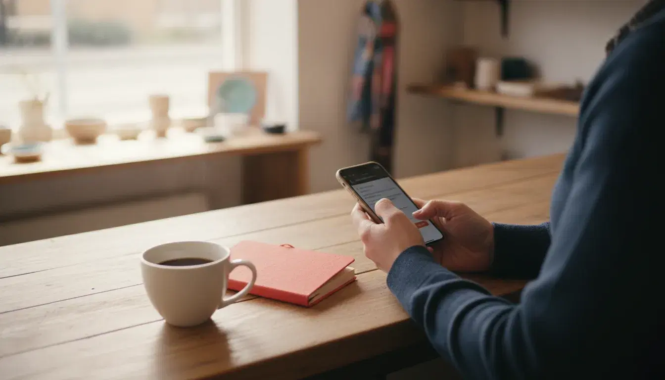Commerçant répondant à un avis client sur son smartphone derrière le comptoir de sa boutique