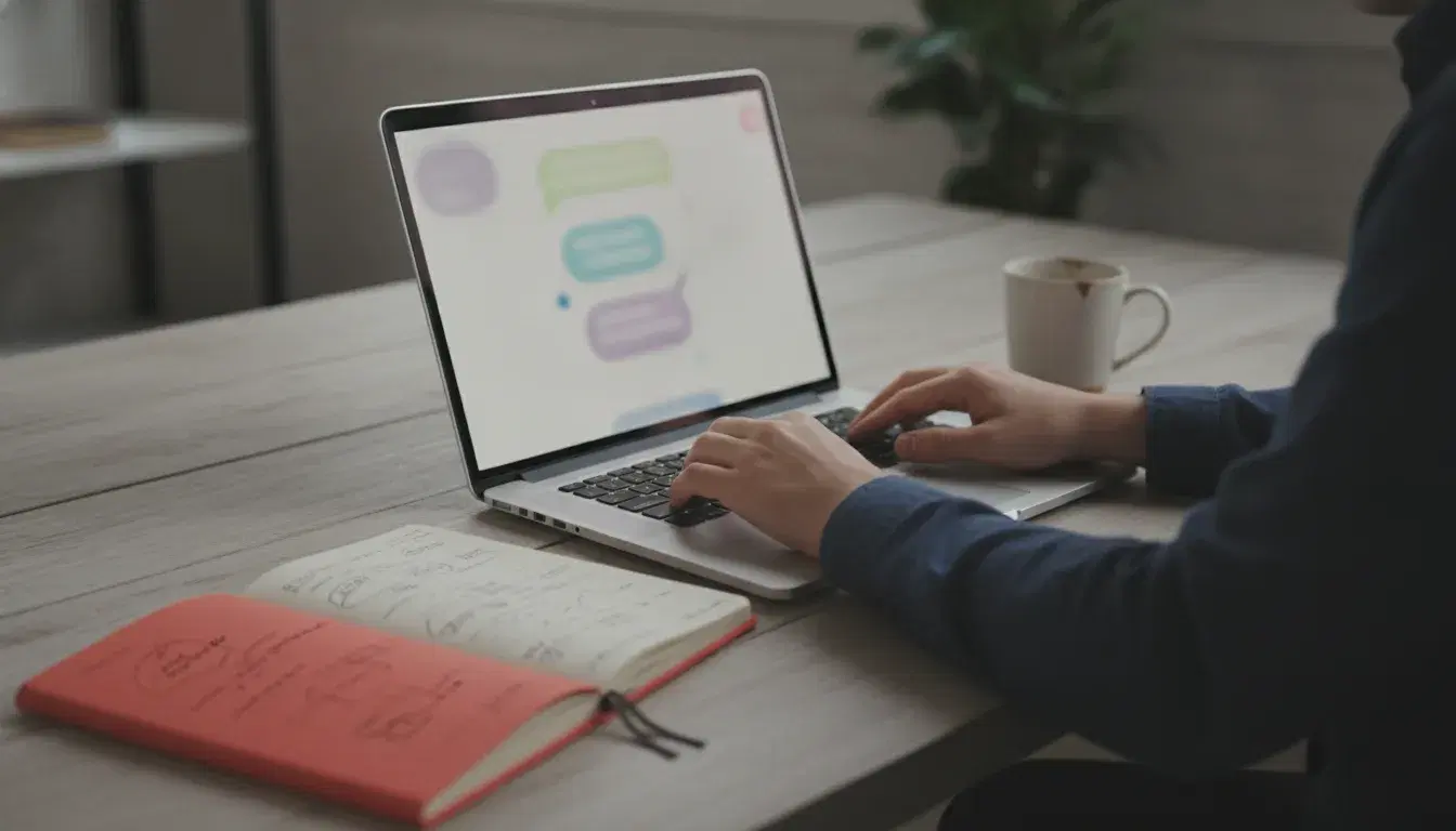 Entrepreneur tapant une question sur un ordinateur portable avec une interface de chat IA, carnet corail à côté