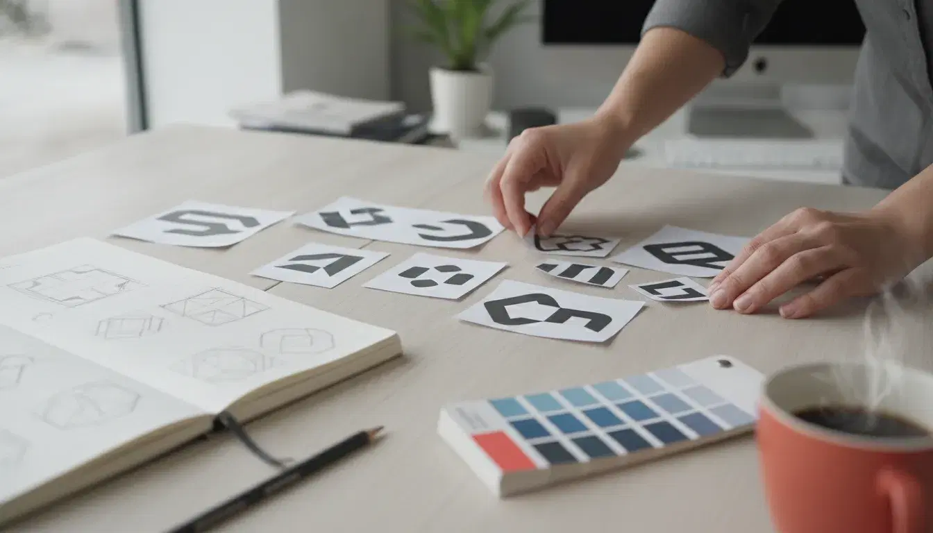 Mains d'un designer disposant des variantes de logo imprimées et un nuancier de couleurs sur un bureau en bois, avec un carnet de croquis et une tasse rouge corail