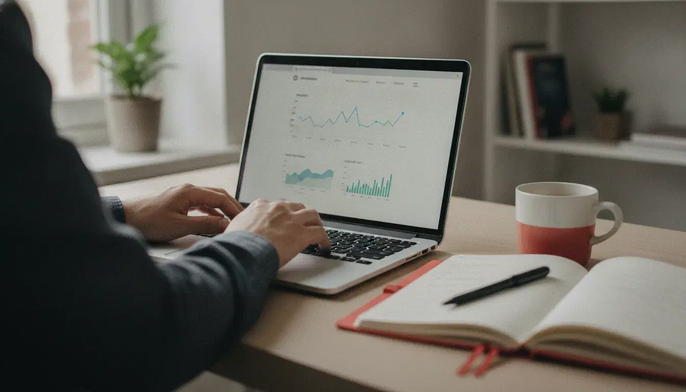 Personne travaillant sur un ordinateur portable affichant un tableau de bord d'analyse de trafic web, avec un carnet rouge corail sur un bureau en bois