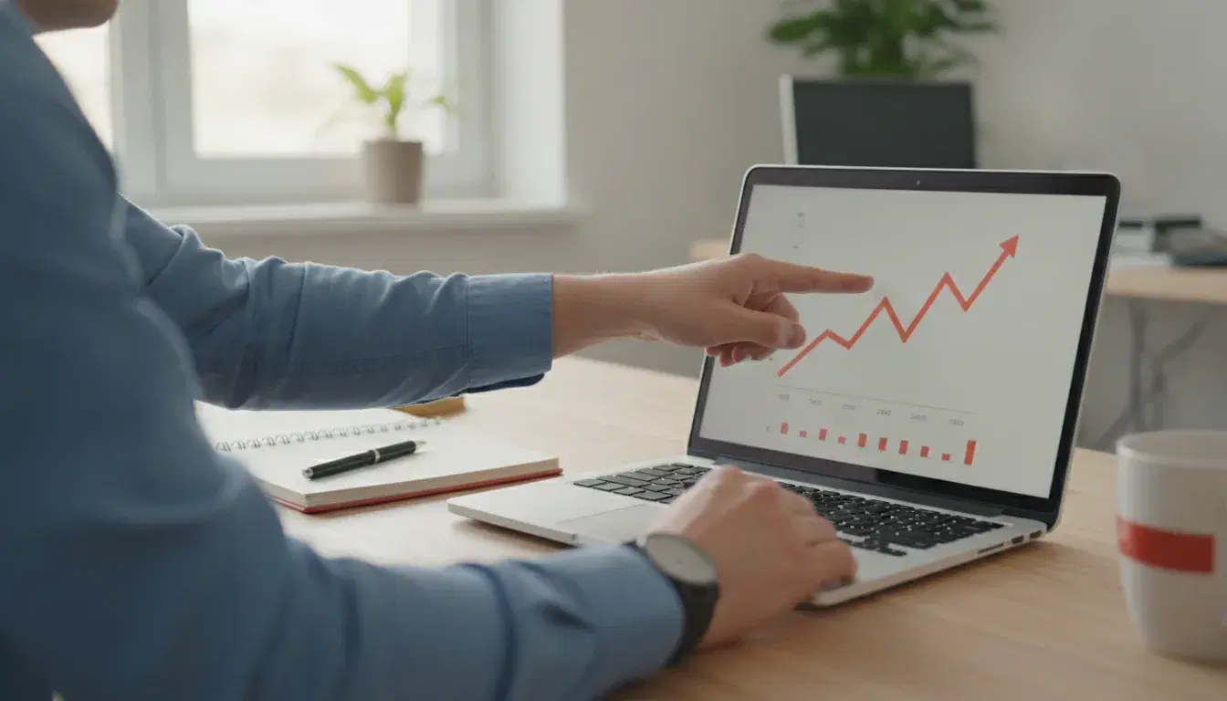 Mains pointant vers l'écran d'un ordinateur portable affichant un graphique de statistiques, avec un carnet corail sur le bureau