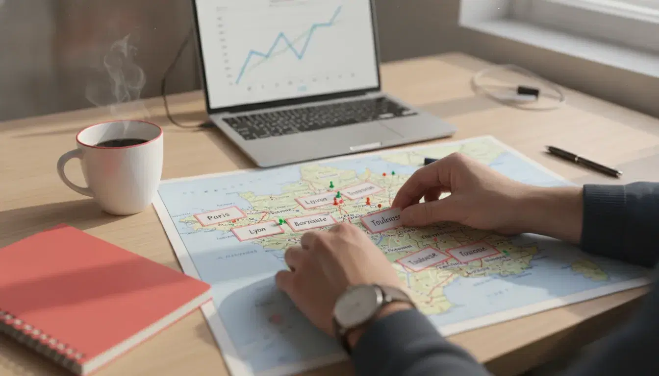 Consultant marketing organisant des cartes de villes françaises sur une carte de France, stratégie de référencement local multi-villes