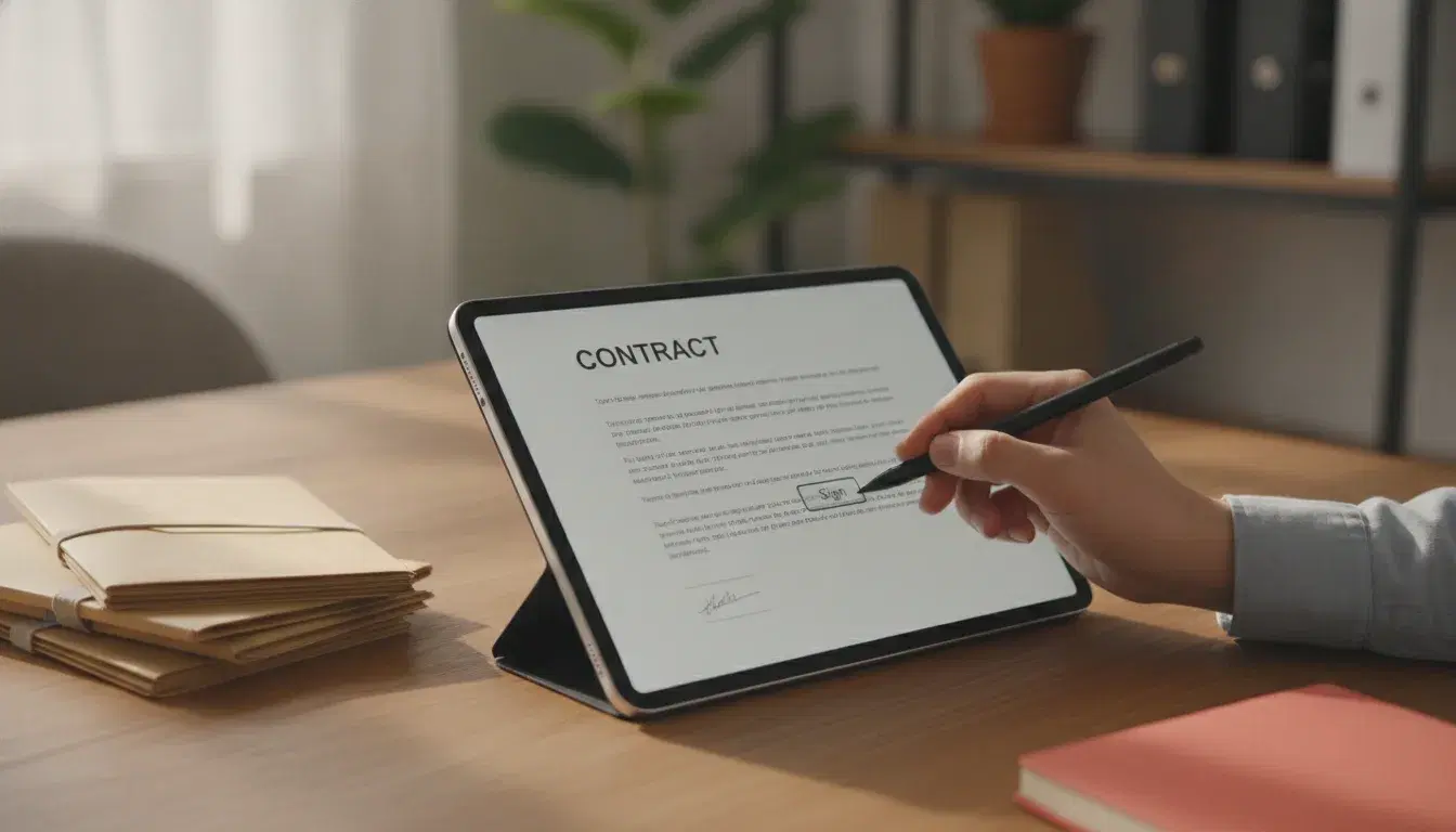 Main tenant un stylet au-dessus d'une tablette affichant un contrat à signer, sur un bureau en bois avec des dossiers papier et un carnet corail