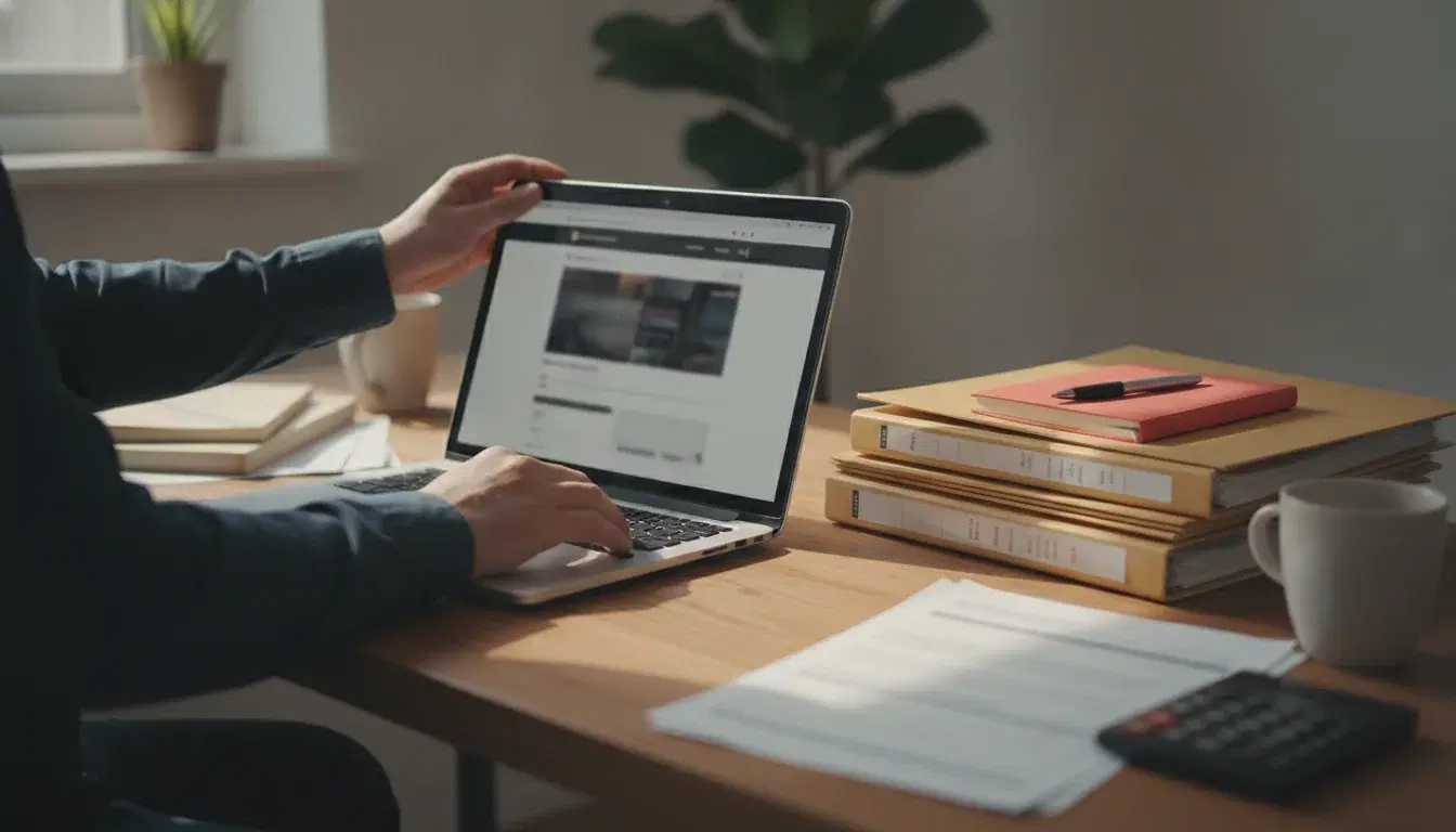 Mains d'un comptable ajustant un ordinateur portable affichant la maquette d'un site internet professionnel, carnet rouge corail sur le bureau