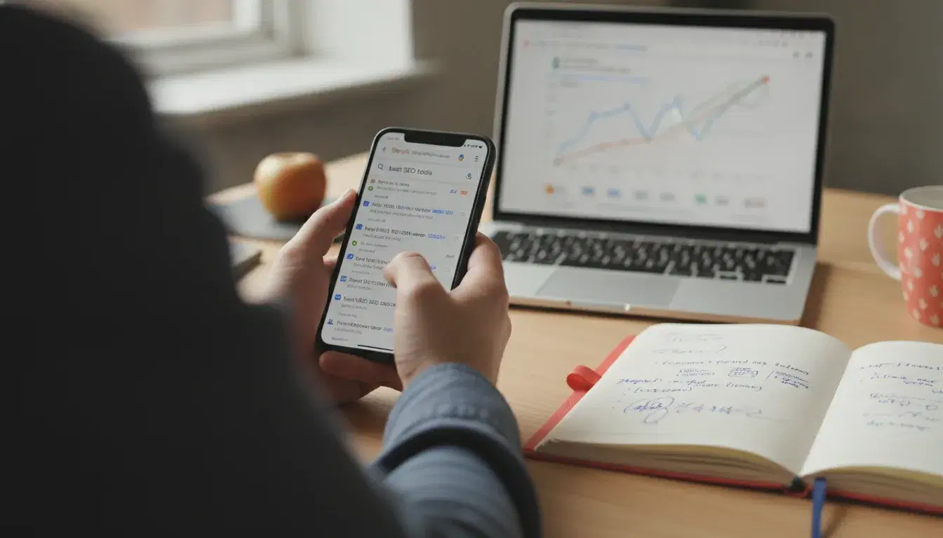 Person checking their Google keyword ranking on a smartphone next to a laptop showing a growth chart